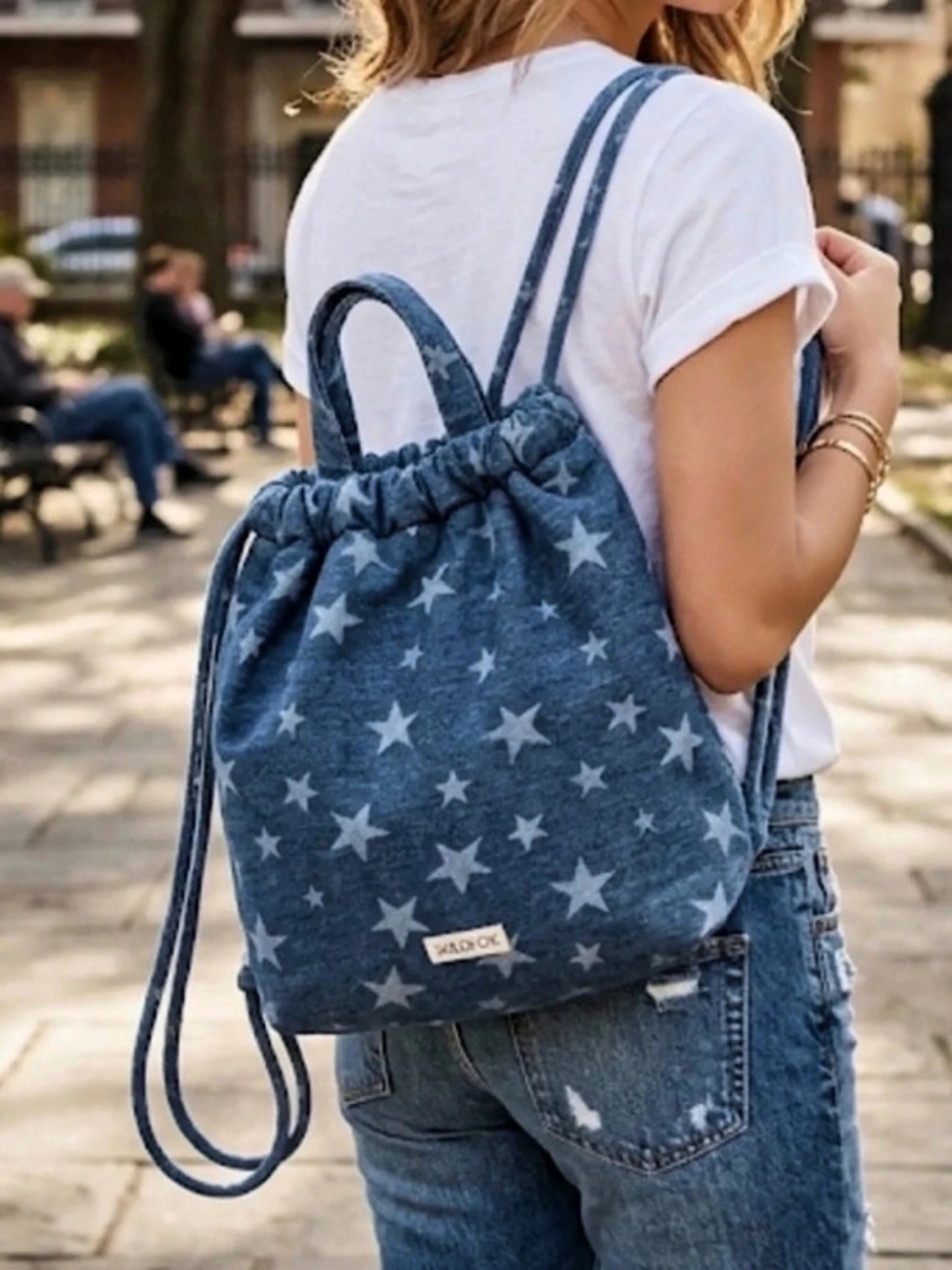 🔥Wild Fox Denim Star Print Drawstring Backpack in Blue & White